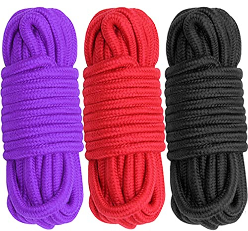 Cosymate Lot de 3 cordes de liaison en coton doux tout usage en coton épais torsadé, 8 mm de diamètre, 10 m de long, 1 rouge, 1 noir, 1 violet