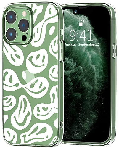 Idocolors White Face Phone Case Abstract Smiley Clear Case for iPhone 13 Pro Max,Hippie Smile Face Protective Case Happy Face Fun Design Case Soft Flexible TPU Bumper Ultra Slim Shockproof Cover