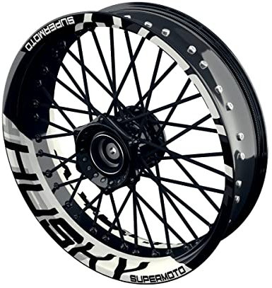 One-Wheel, Husky Supermoto, Felgenaufkleber Premium Geteilt, Passend Für alle Husqvarna Supermoto z.B. 701, Motiv: Halb Halb V2, Wheelsticker Motorrad, Felgenrandaufkleber GP, Weiss