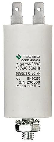 TECNID MG8035 Permanent pour Moteurs 3,5µF 450V. Écrou M8 Puissance. Le condensateur de démarrage est dans Un boîtier cylindrique en polypropylène. Connexion électrique Via 4 bornes, Blanc