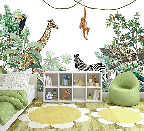 WFBHUA-Kids Safari Wallpaper Tropical Jungle Botanical Leaf Wall Mural for Nursery Boys Bedroom Girls Bedroom Playroom (Not Peel and Stick)
