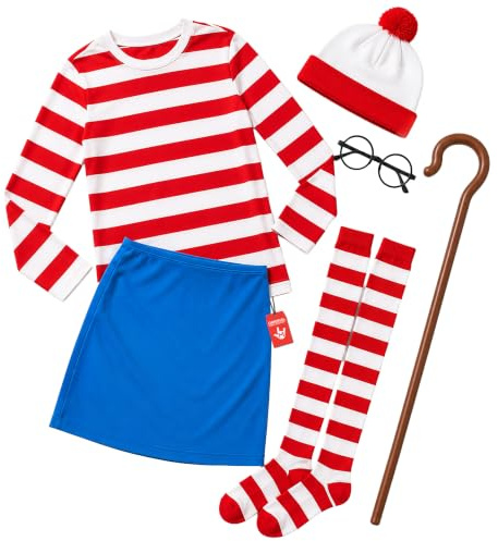 Morph Geek Kostüm Damen, Gestreiftes Halloween Kostüm Damen | Oberteil, Bommelmütze & Brille, Rot-weiß gestreiftes Design, Zum Überziehen, Perfekt für Halloween, Ideal zum Verkleiden