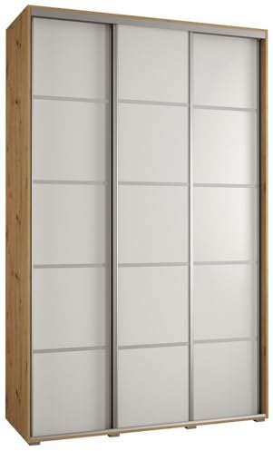 MEBLE KRYSPOL Davos 4 150 Schrank mit DREI Schiebetüren für Schlafzimmer - Moderner Kleiderschrank mit Kleiderstange und Regalen - 235,2x150x45 cm - Artisan Weiß Silber