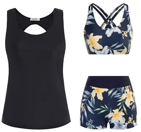 Tankini,Badeanzug Damen Bauchweg.3-Teiliger Bikini Damen Set,Push-Up-Bikinioberteil Und High Waist Badeshorts , Einfache Badebekleidung, Sport-BadeanzüGe , Badebekleidung FüR Schwimmbad, Strand