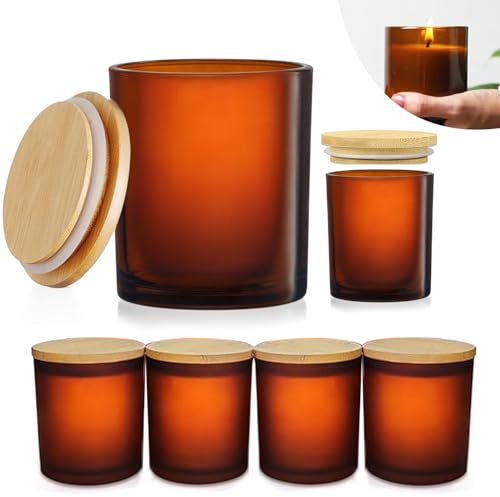 Kerzengläser für Kerzenherstellung – 200 ml Glasbehälter mit Bambusdeckel, leere Kerzengläser für DIY-Kerzen & Aufbewahrung – 6er Pack (Bernsteinfarben)