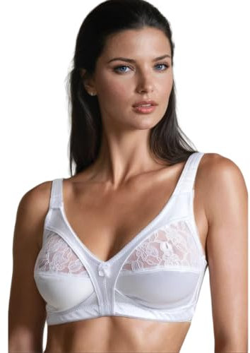 COSHAL® Non-Wired Womens Floral Lace Non-Wired Firm Control Soft Cup Satin Lace Bra - Women’s Non-Wire Full Cup Non-Padded Underwear Bra 46DD, White