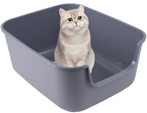 Suhaco High Sided Cat Litter Tray Large Open Top Deep Entry Splash Proof High Sides 49 x 42 x 22 cm Cats Litter Box (Grey)