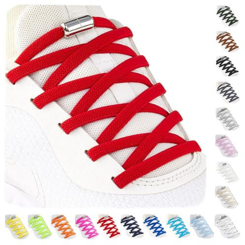 Stepace 2 Pares Cordones Elásticos con Cerradura de Metal, Cordones Ajustables sin Atar para niños y Adultos, Cordones de Zapatos Sin Nudos para Zapatillas Deportivas Rojo