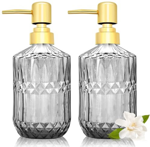 2 Pack 400ml Vintage Glass Soap Dispensers with Pump, Refillable Ribbed Design Liquid Soap Bottles for Bathroom, Vanity Countertop, Kitchen Sink, Laundry Room, Home Decor Accessories (Gray)