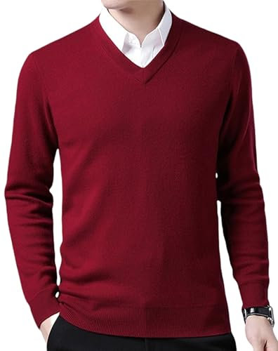 FULIER Men's V-Neck Jumper Cashmere Knitted Pullover Casual Long Sleeve Sweater Basic Sweatshirt Winter Jumper (Wine, L)