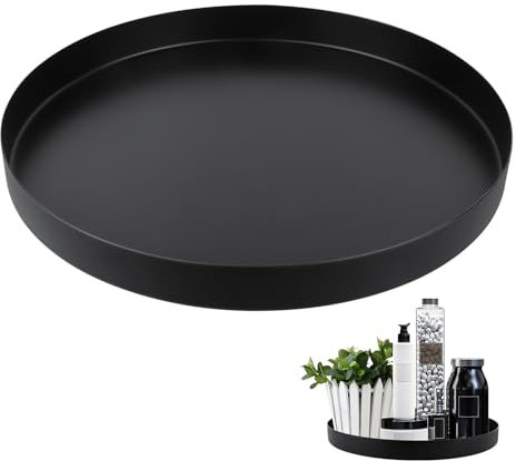 VMUTGA Deko Tablett Rund, 30cm Serviertablett Matt Schwarz Rundes Tablett aus Edelstahl Metall Dekotablett Dekoteller Tablett Schwarz Tischdeko für Wohnzimmer Badezimmer Schmuck Kosmetik Kerzen Vasen