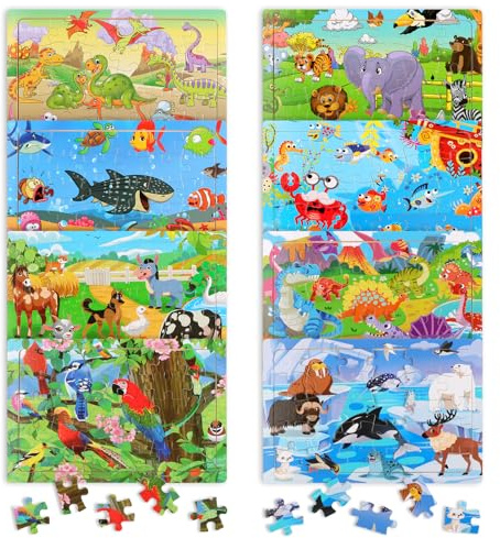 JTgugu Holz Puzzle für Kinder ab 3 4 5 6 Jahren 8x30 Teilen Holzpuzzle Dino Bauernhof Meeresboden Tiere Puzzles Kinderpuzzle Montessori Kinderspielzeug Geschenke für Jungen und Mädchen