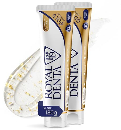 Royal Denta Zahnpasta ohne Fluorid 2x130 g, Hydroxylapatit-Zahnpasta mit Xylit für empfindliches, beruhigendes Zahnfleisch und gestärkten Zahnschmelz, fluoridfreie Zahncreme mit Goldpartikeln