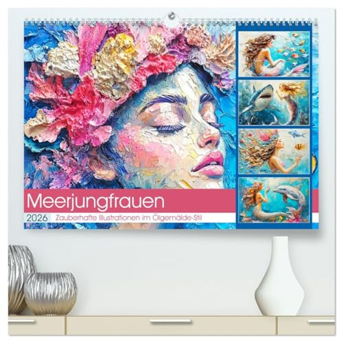 Meerjungfrauen. Zauberhafte Illustrationen im Ölgemälde-Stil (hochwertiger Premium Wandkalender 2026 DIN A2 quer), Kunstdruck in Hochglanz: Eine ... der bezaubernden Nixen (CALVENDO Kunst)