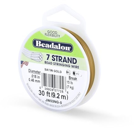 Beadalon 7 Strand Stainless Steel Bead Stringing Wire, 0.018 in / 0.46 mm, Satin Gold, 30 ft / 9.2 m