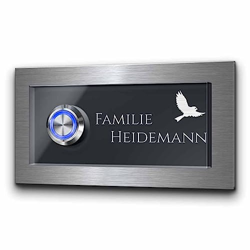 Edle Türklingel aus Hochglanz Acrylglas und Edelstahl - Klingelschild Modell Heidemann 11x6 cm | personalisiert mit Wunsch Gravur und Motiv - Klingel für die Haustür