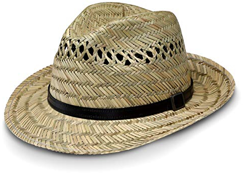fiebig Bogart Strohhut für Damen & Herren | Sonnenhut aus 100% Stroh mit veganem Leder-Hutband | Natur Fedorahut in vielen Größen (59-L)