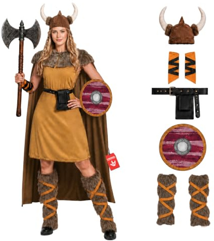 Fun Shack, Viking Costume Women, Halloween Costumes for Women | Brown Dress with Attached Cape, Buckled Belt, Arm Cuffs, Leg Warmers Included, Perfect for Halloween, Great for Fancy Dress