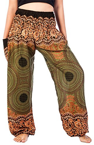 Lofbaz Harem Pants for Women Hippie Boho Festival Clothing - Bohemian Trousers for Yoga Beach Summer - Smocked Waist with Pockets - Rose 1 Green 3XL Plus