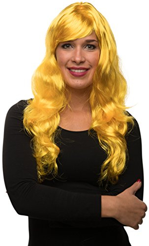 Sexy Langhaar Damen Frauen Perücke lockig/gewellt für Fasching Karneval Motto Party - 13 Farben (Gelb)