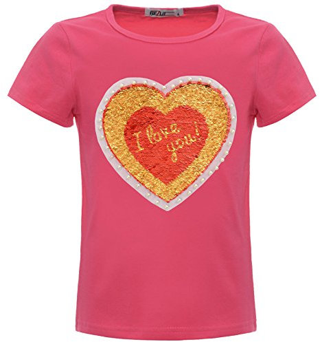 BEZLIT Mädchen Wende-Pailetten Herz ILY T-Shirt Kunst-Perlen Oberteil 22544 Pink Größe 140
