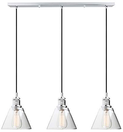 Yosoan Lighting Industrial Modern Vintage Chandelier Loft Bar 3 Way Pendant Light Fittings Glass Shade,Hanging Cluster Ceiling 3 Lights Fixture for Kitchen Dining Room Living Room Restaurant (Chrome)