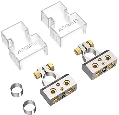 AUTOUTLET Kit Connettori Terminali Morsetti per Batterie Auto,Morsetti e spessori terminali Batteria positiva/negativa AWG Calibro 0/4/8 o 10 (Coppia) +/- Terminali Batteria