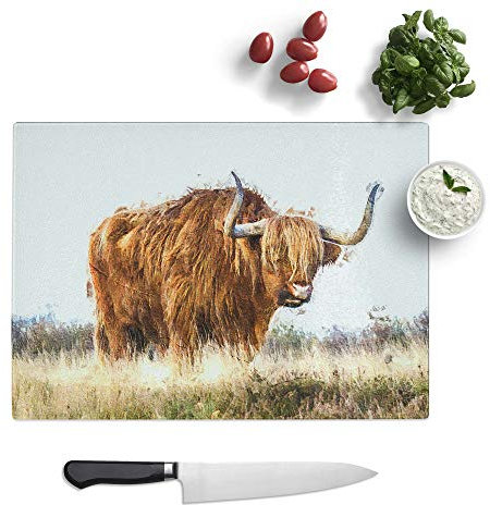 Glass Chopping Board - Majestic Highland Cow in Abstract - Textured Worktop Saver Cutting Board - Heat Resistant, Shatterproof and Hygenic - 39 x 28.5 cm