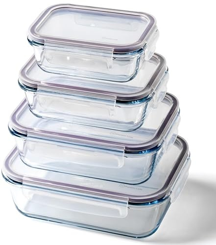 Franklin Lade Glass Food Containers with Lids | 4 Piece Nesting Set 370, 640, 1040, 1520ml | Glass Containers with Lids | Non-Toxic & Airtight | Glass Food Storage | Oven, Freezer & Dishwasher Safe