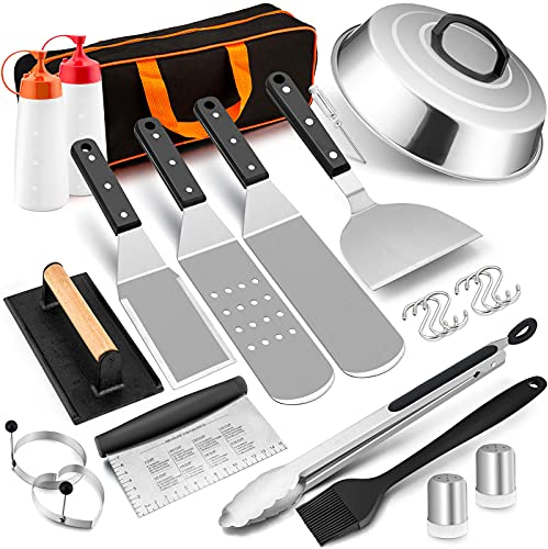 HaSteeL Set di 16 accessori per piastra, in acciaio inox, con parte superiore piatta, con spatola per ingrandire spatola, raschietto, copertura per hamburger, pressa per hamburger, per cucinare