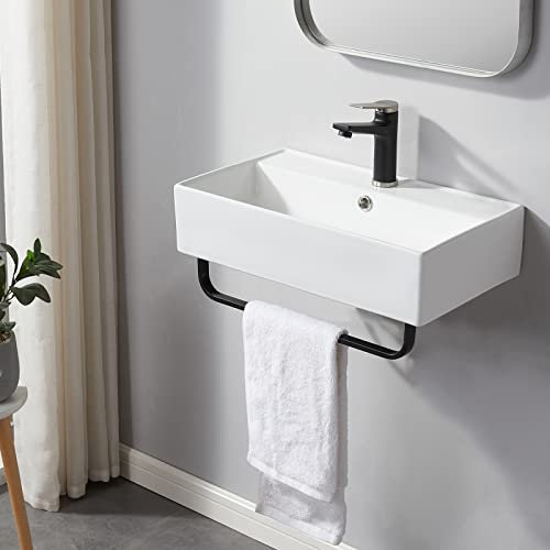 SHACO Fregadero de baño montado en la pared con toallero, fregadero moderno de montaje en pared de 21 x 12 pulgadas, fregaderos de cerámica de porcelana rectangular blanca de un agujero