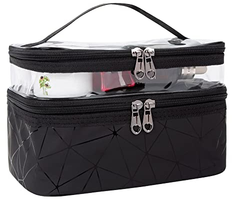 Trousse de Maquillage Portable Double Couche Trousse de Toilette Imperméable Pochette Sac Cosmétique de Voyage Vanity Case avec Brosse Compartiment, Noir