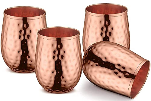 BOLD & DIVINE Copper Wine Glasses | Set of 4 | 17oz Each | Gleaming 100% Solid Hammered Copper Stemless Wine Cups Great Copper Tumblers
