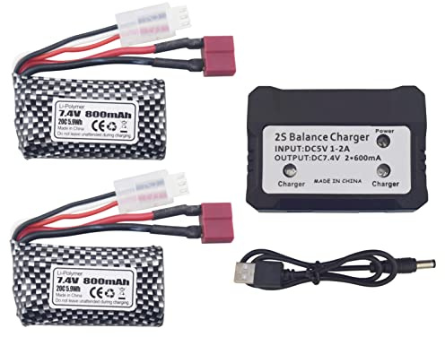 ZYGY 2PCS 7.4V 800mAh T-Stecker Lithiumbatterie mit 2 in 1 Ladegerät für YC100 HM161 HM162 HM166 HM201 9145 Fernbedienung Spielzeug Auto RC Allradantrieb Hochgeschwindigkeits-Fernbedienung