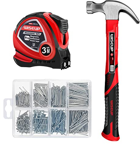WISEUP Set di Martello, con 560 set di chiodi e Misuratore a nastro, durevole martello carpentiere professionale, Per la manutenzione, fai da te