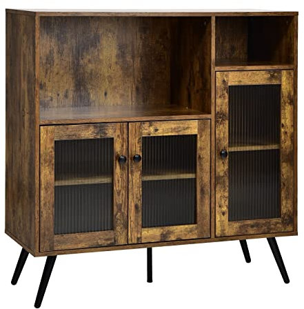 COSTWAY Large Industrial Storage Cabinet, Wooden Kitchen Sideboard with Tempered Glass Door, Adjustable Shelf & 5 Steel Legs, 100x40x100cm Display Cupboard for Living Dining Room (Rustic Brown)