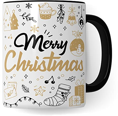 Merry Christmas Tasse Weihnachten Kaffeetasse xmas Geschenk Kollegen Geschenkidee Mama Advent Glühwein-Becher Tee Oma Deko Winter weihnachtlich Rot Gold Amerikanisch (Weiß/Schwarz)