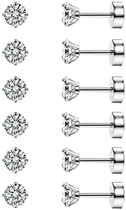 Diamday 6 paia di orecchini a cartilagine 20G per donne uomini ragazze 2-5mm Flat Back Earring Set 316L acciaio chirurgico Tragus CZ Small Helix Piercing Gioielli Ipoallergenici Argento(4MM)