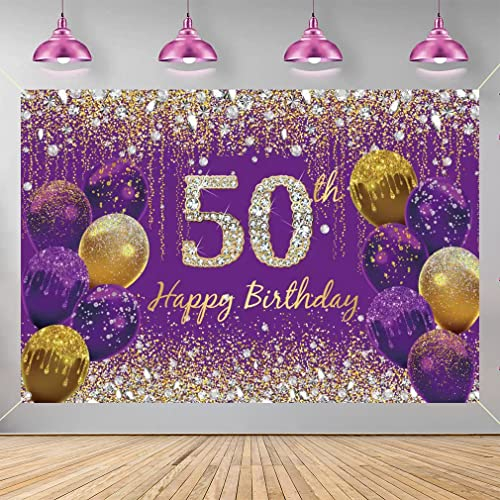50th Birthday Decorations for Women, Purple Glitter Spots Fabric Sign Poster 50 Years Old Party Decoration, 50th Birthday Photo Background Banner Party Supplies Welcome Sign, 150 cm x 90 cm