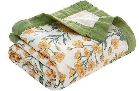amo nenes Musselin Tuch Baby, Musselin Decke Spucktuch Baby Bambus Bio-Baumwolle atmungsaktive Sommerdecke Baby Puckdecke, 110 x 150cm Spucktuch Geschenk zur Geburt, Doppelschicht-Gelbe Blumen
