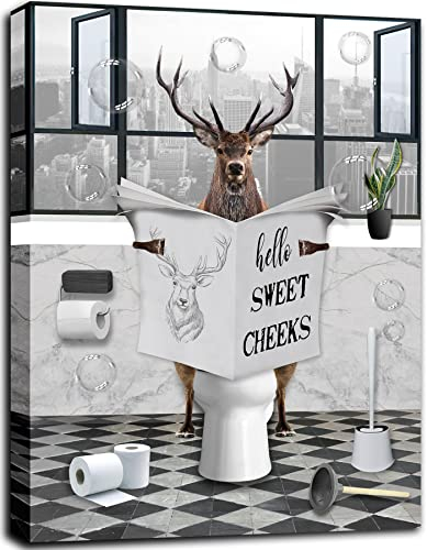PIMULSAA Poster humoristique sur toile avec élan assis dans les toilettes et journal - Décoration murale pour toilettes et salle de bain (encadré, 20,3 x 25,4 cm)