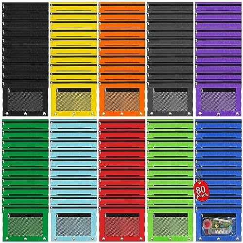 IKAYAS Buntes Federmäppchen mit Reißverschluss und 3 Ringen, 10 Farben, 80 Pack, Beutel