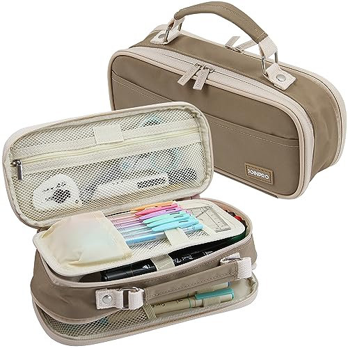 JOINPRO Pencil Case, Large Capacity Pencil Case Organizer; Double Zipper Storage Bag; Big Pencil Pouch for College School Office Teen Girl Boy Men Women Adult (Brown)