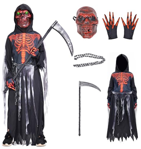 ZUCOS Sensemann Kostüm Sense Schädelmaske SchädeHandschuhe, Unisex Kostüm Grim Reaper für Halloween Party Dekoration (Rot, 7-9 Jahre)