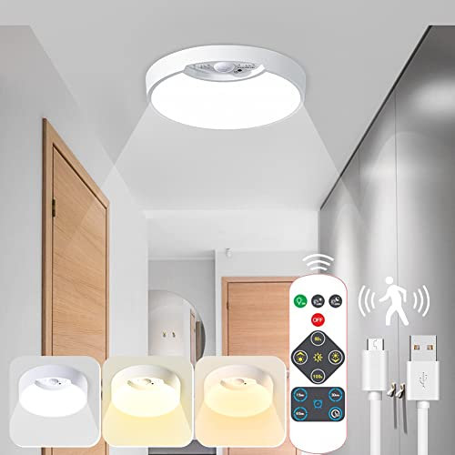 LED Motion Sensor Ceiling Light, USB Rechargeable Bathroom Light Dimmable with Remote Control, 3 Color Temperatures, Flush Night Light for Shed Loft Porch Toilet Garage Stair Hallway