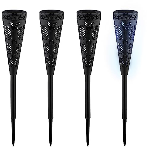 Relaxdays Solarlampe 4er Set, Fackel-Design, Gartenbeleuchtung mit Lichteffekt, H x D: 41 x 7 cm, mit Erdspieß, schwarz