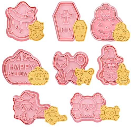 Formine per Biscotti per Halloween, 8 Pezzi Halloween Timbro per Biscotti Set, Stampi Biscotti 3D, Tagliabiscotti Plastica, Strega, Picchio, Zucca, Fantasma, Teschio per Feste di halloween