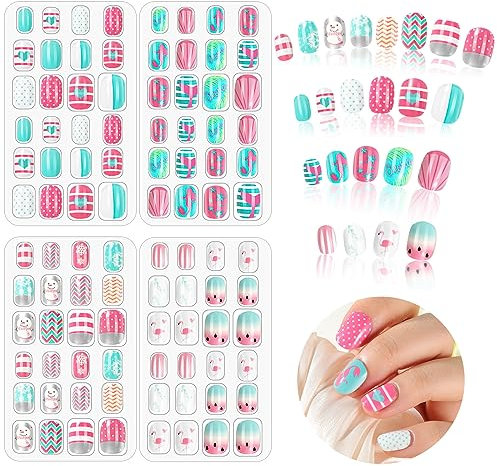 96 Pcs Kids Stick on Nails, Kids False Nails Cartoon Press on Fake Nail Tip Children Pre-glued Fake Nail for Girls (Striped)