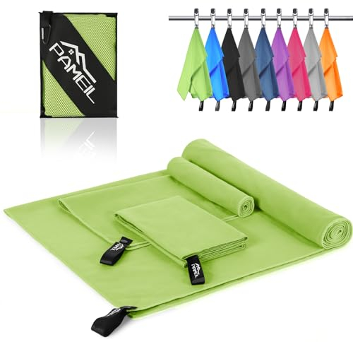 Serviette Microfibre Set de 3 (160x80cm Grande Aerviette de Bain +2 Pièces 80x40cm Petite Serviette), Serviette de Plage Séchage Rapide Serviette Sport pour Le Fitness Sauna (Vert)