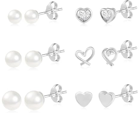 ASH'S CHOICE Silber 925 Ohrringe Set Damen, 6 Paar Multipack Kleine Ohrstecker, Perlen Herz Knorpel Ohrringe für Damen